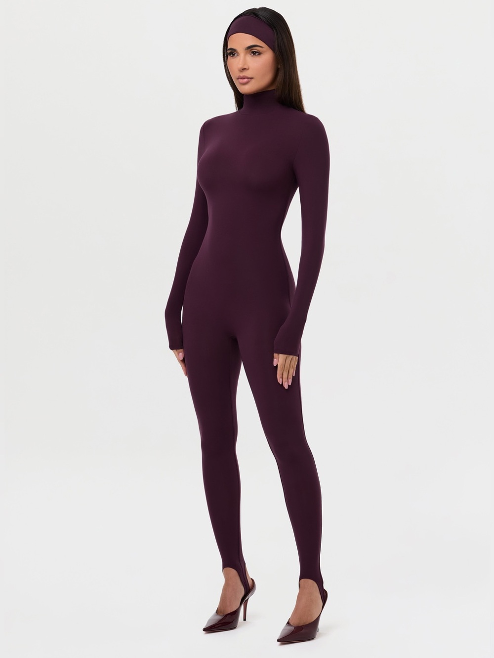 Naked Wardrobe Naked Turtleneck Stirrup Jumpsuit Burgundy Dark Plum Cat Suit S